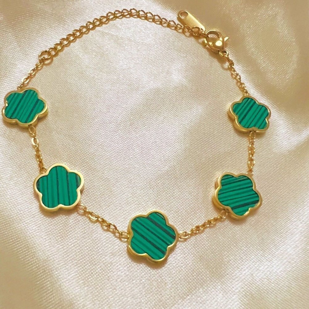 18K Gold Plated GREEN Clover Bracelet stainless steel Womens jewelry